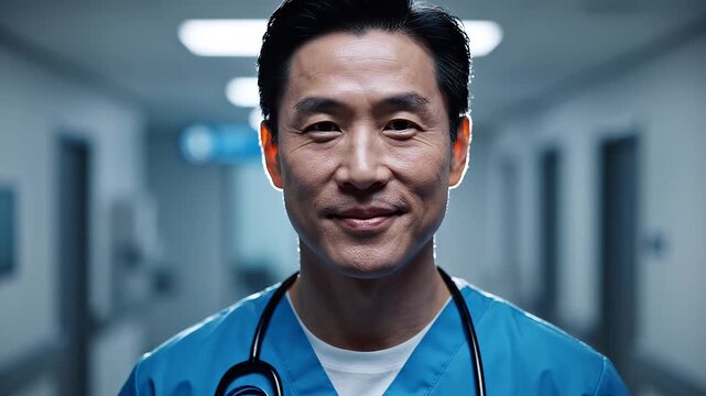 Asian male nurse facing camera in hospital hallway.