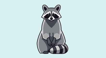 A cartoon raccoon sitting upright on a light blue background with a white stripe below. © VectorNest Studio