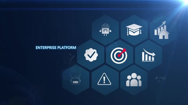 Corporate infrastructure with icons animated featuring Enterprise Platform interface with secure system integration monitoring and digital technology management concept 4K animation video.