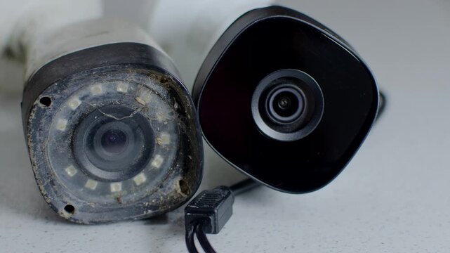 Security Camera - Detail of an old and modern security circuit camera, side by side on a white background, representing the evolution of surveillance.