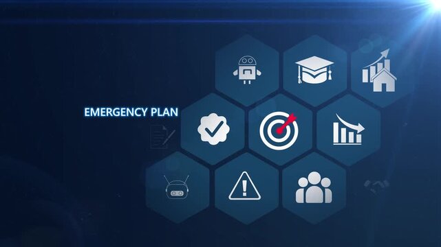 Emergency planning network animation with glowing data connections and technology icons, digital crisis response and preparedness strategy concept . on transparent background.