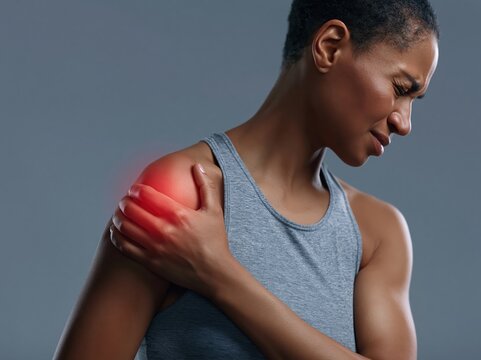 Woman experiencing sharp shoulder pain, holding her arm in discomfort