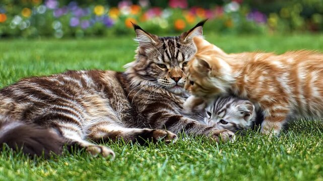 Adorable Maine Coon Cats Mother and Kittens Relaxing on Green Grass with Flowers.