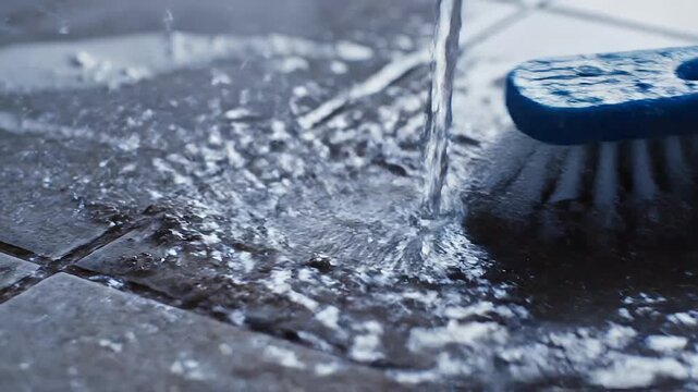 Cleaning a dirty tile floor with brush.