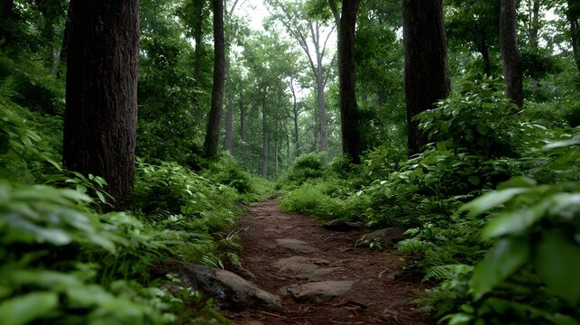 A winding dirt path disappears into the lush dense greenery of a mysterious temperate forest woodland