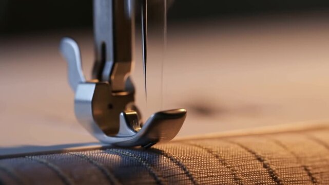 Macro tracking shot of sewing machine needle and presser foot stitching fabric on workshop table in warm studio light