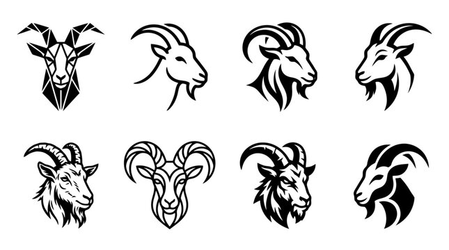 Collection of goat head silhouettes and illustrations.