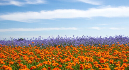 Fototapeta premium A vibrant field of orange cosmos flowers in the foreground with a dense patch of purple salvia flowers under a bright blue sky with wispy clouds