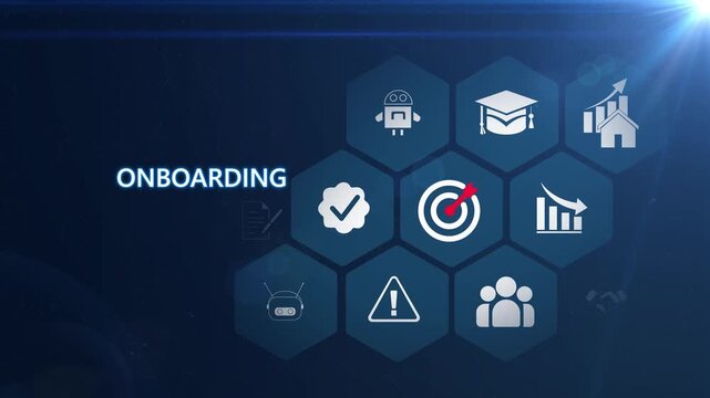Employee onboarding network animation with glowing data connections and technology icons, digital hiring integration and training process concept. on transparent background consept.