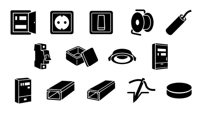 Electrical Equipment Silhouette Icon Set &ndash; Socket Switch Panel Cable Installation Collection