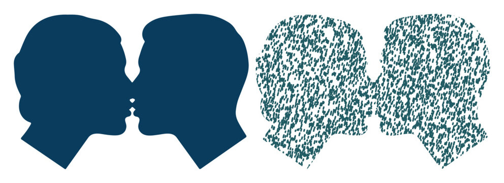 Silhouettes of two heads in profile, one solid and one textured, facing each other in a moment of connection.