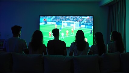 Fototapeta premium Group of Excited Friends Watching Soccer Match on Large TV at Home: Football Fans Cheering, Goal Celebration and Sports Concept