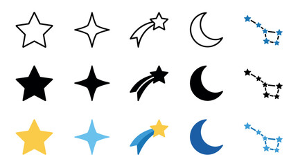 Fototapeta premium Celestial icons collection featuring various stars, moons, and constellations in outline, solid, and colored styles for design projects and web elements.