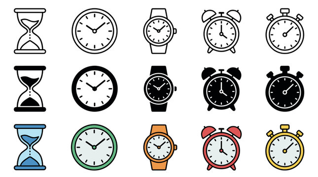 Various time devices and clocks icon collection showcasing different styles, shapes, and measurement tools for tracking moments and schedules.