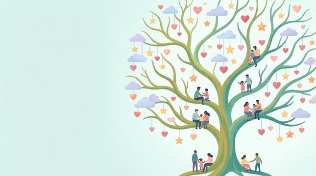 Flat family tree whose branches hold tiny hearts and families