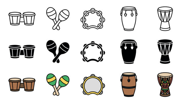 Musical instruments icons set featuring various percussion instruments including bongos, maracas, tambourine, conga, and djembe drums in outline, solid, and colored styles.