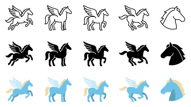 Pegasus horse icons and symbols collection featuring outline, silhouette, and colored graphic elements for fantasy and mythology designs.