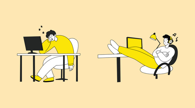 Burnout vs work life balance &ndash; tired and relaxed worker illustration set