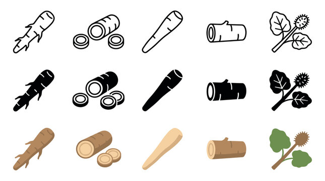 Various root vegetables, wood, and burdock plant icons presented in outline, solid, and flat design styles for diverse graphic applications.