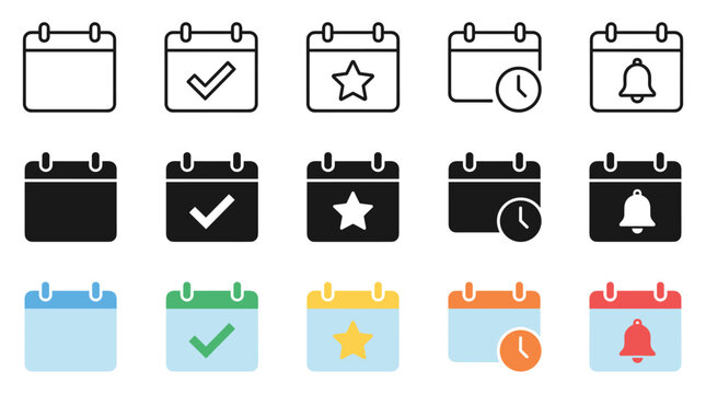 Calendar icons set with various symbols for scheduling appointments, marking important dates, and setting reminders for daily tasks and events.