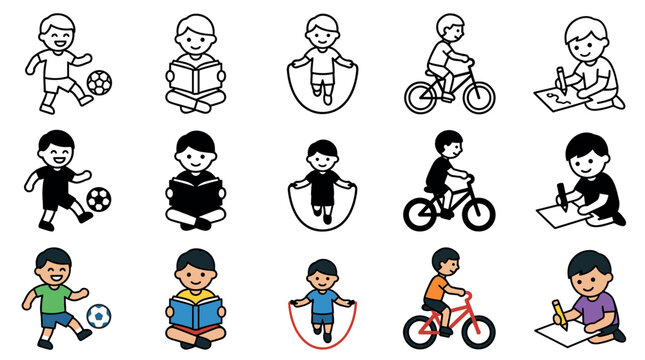 Young boys are engaged in various common childhood activities including playing soccer, reading books, jumping rope, riding bicycles, and drawing pictures.