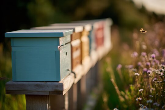 A row of colorful wooden beehives in a rural apiary at golden hour. A honeybee flies over wildflowers during pollination. Beekeeping and sustainable agriculture concept