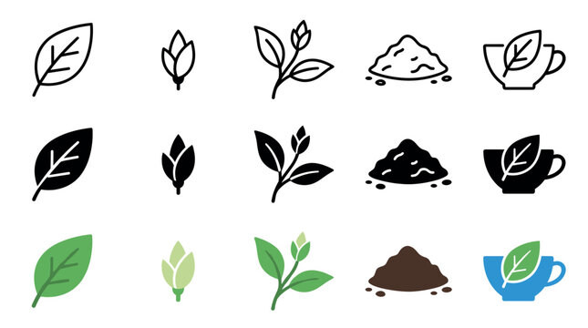 Tea icons representing leaves, buds, powder, and a cup, depicted in various styles including outline, solid, and colored flat designs, suitable for web and print.