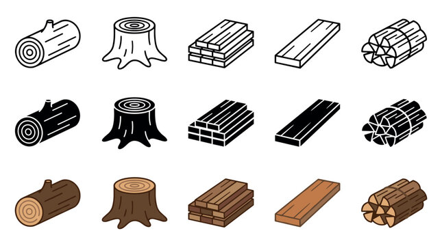 Wood timber logs planks stumps firewood icons presented in outline, solid, and colored styles for forestry and construction concepts.