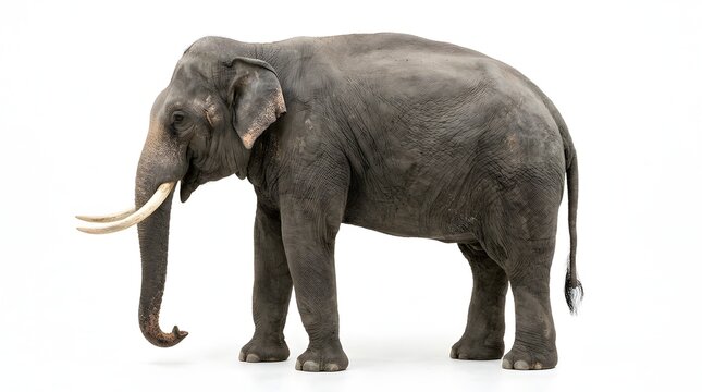 Large African Elephant Standing in Side Profile Isolated on White Background, Wildlife Animal and Conservation Concept