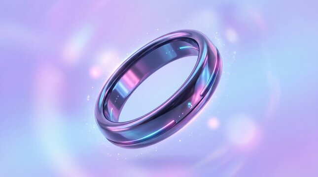 Futuristic smart ring in metallic purple and blue hues, glowing with subtle lights on a bokeh background.