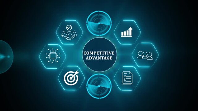 Competitive Advantage Concept. The key to business success. Working on laptop, competitive advantage with the icons of innovation, differentiation strategy, value creation, performance and achievement