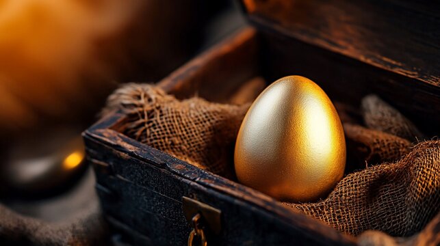 Golden Egg in Antique Chest Wealth Treasure and Opportunity Concept.