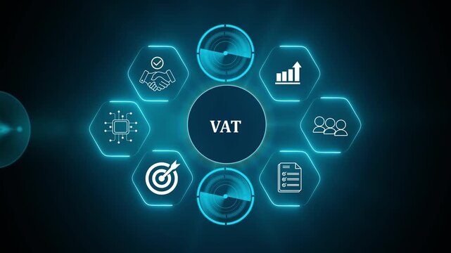 VAT concept. Value Added Tax. Officer working on computer with VAT text and iconon smart background.
