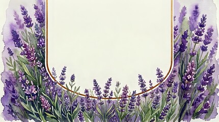 Watercolor lavender flowers frame with empty space for text on textured paper background for wedding invitations and greeting cards.
