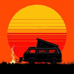 Obraz premium Silhouette of a camper van with a pop up roof parked next to a small campfire against a large stylized sunset background in a retro graphic art illustration style
