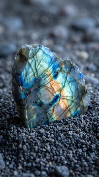 Raw labradorite crystal displaying vibrant blue green orange iridescent flash on dark volcanic sand beach natural mineral specimen geology collection.