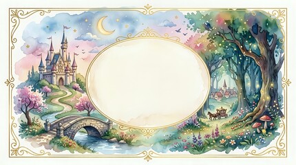 Obraz premium Watercolor fairy tale landscape with castle, bridge and magical tree featuring ornate oval frame for text or design elements on enchanted background.