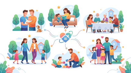 Fototapeta premium Vector illustration of diverse family scenes with love and connection