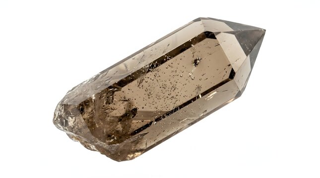 Single Natural Crystal Gemstone Point with Faceted Mineral Structure Isolated on White Background