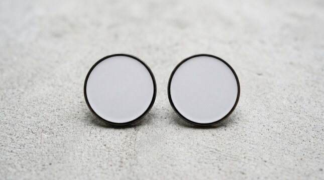 Two blank round enamel pins for mockup on a textured gray surface for product display