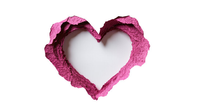 Torn pink paper heart shape with textured edges, isolated on transparent background