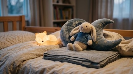 Obraz premium Calming bedroom still life with nightlight and plush toy