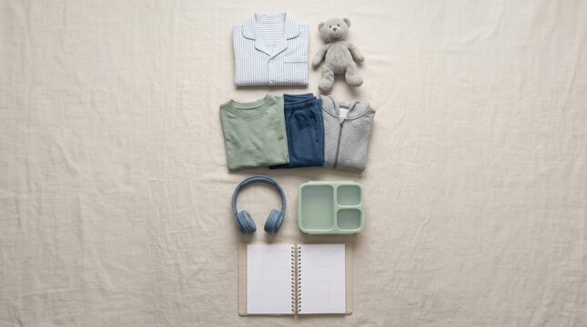 Object only bedtime to school transition flat lay with folded clothes and essentials
