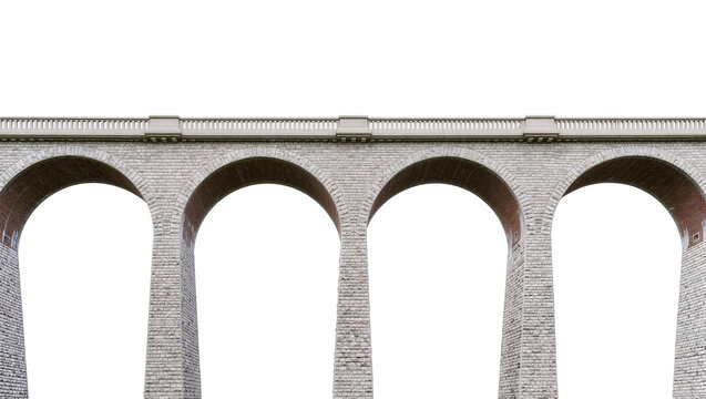 Stone viaduct with multiple arches, isolated on transparent background