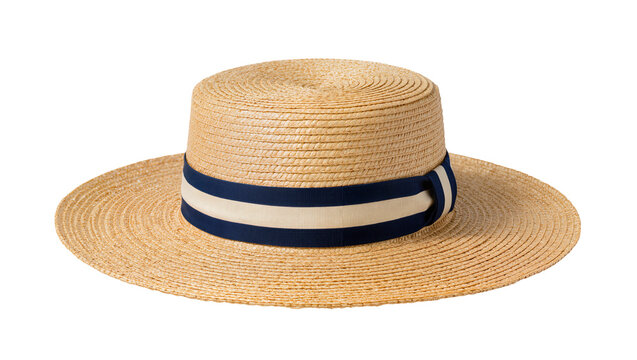 Straw boater hat with navy and white ribbon band, isolated on transparent background