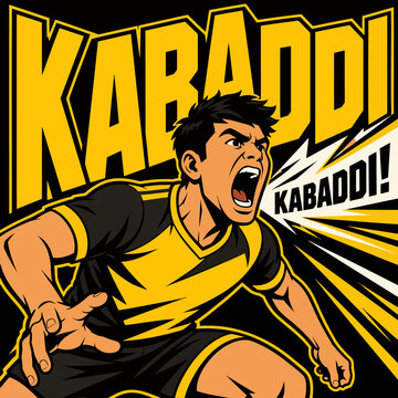 Kabaddi player shouting in dynamic sports illustration with bold typography