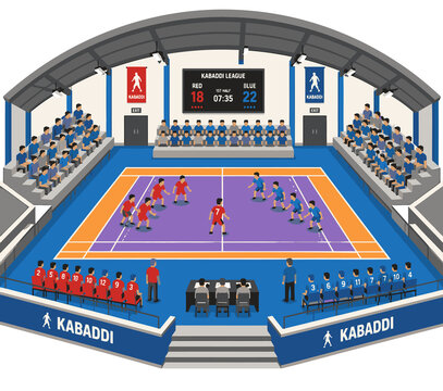 Kabaddi match in progress inside indoor sports arena with spectators