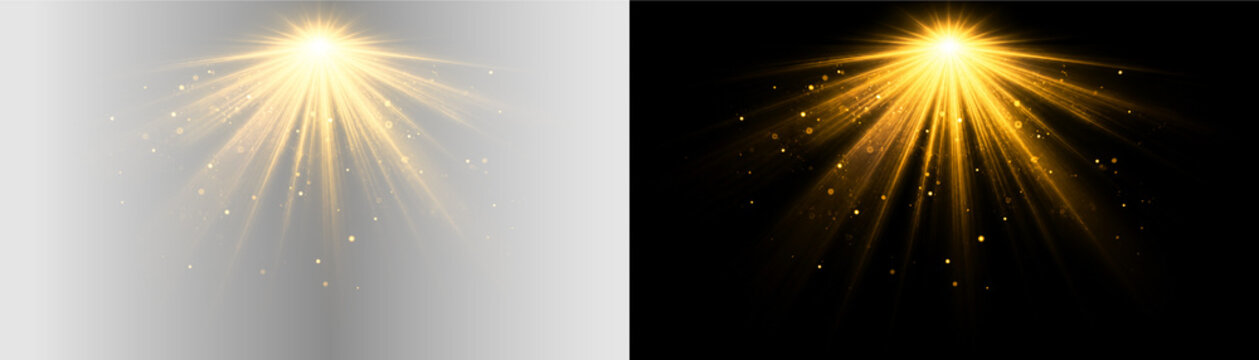 Glowing light rays icon, sun beam burst effect with radiant flare and golden shine on transparent background