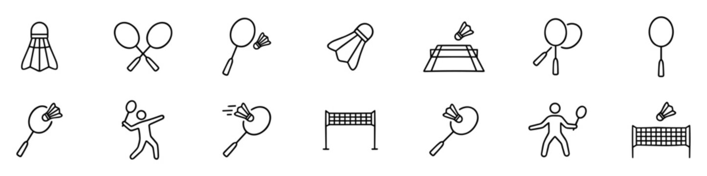 badminton icon set with shuttlecock rackets net and player actions, sport game equipment and activity symbols in clean outline vector collection isolated on transparent background