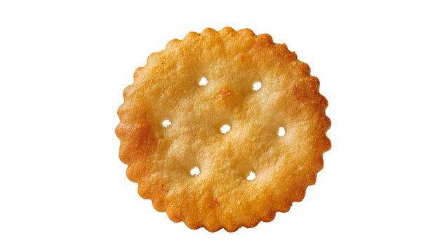 Round golden baked cracker with serrated edges, isolated on transparent background